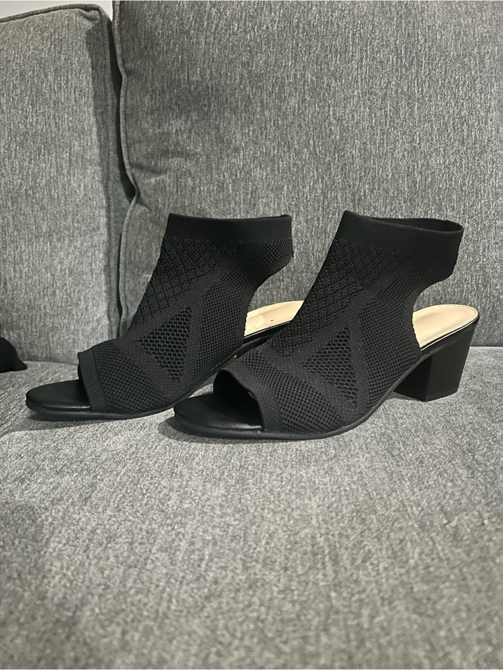 Black Knit Peep-Toe Block Heel Sandals